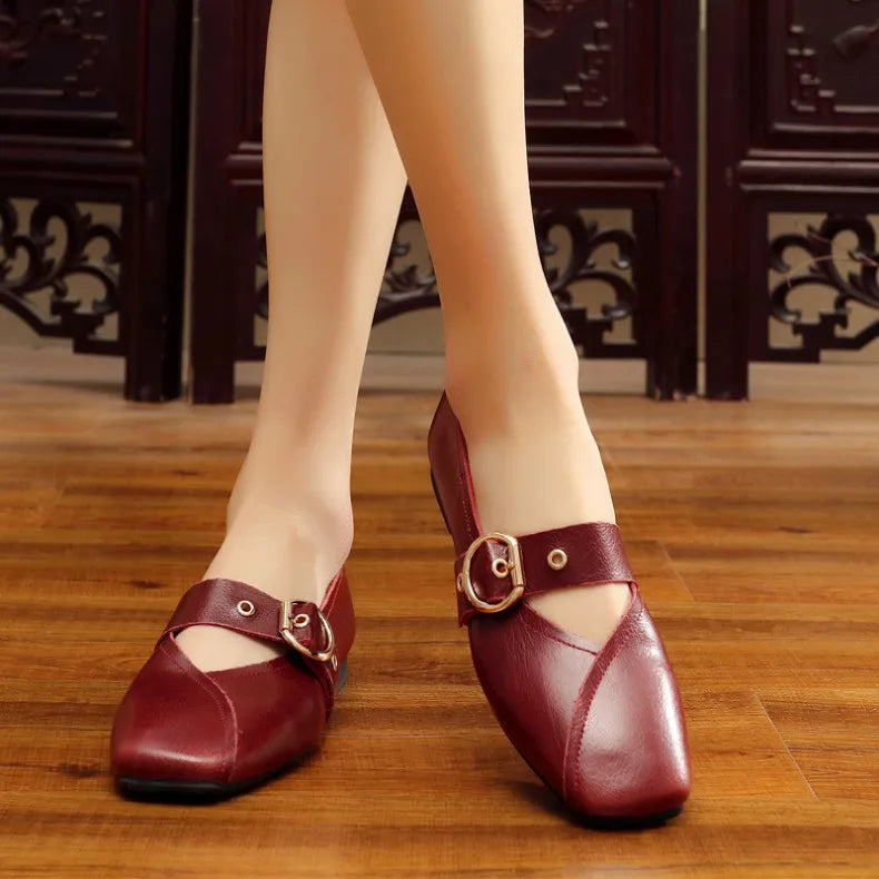 Futurecen  Casual women shoes 2024 spring new genuine leather mother flat shoes  big size 41 42 43 square soft bottom women shoes