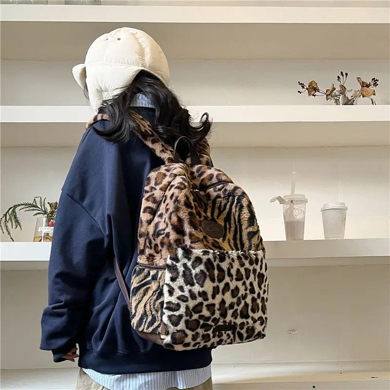 Futurecen  -  fancy bags Women Preppy Leopard Fluffy Backpacks Large Capacity Autumn Winter Faux Fur Students School Bag Vintage Commuter Backpack