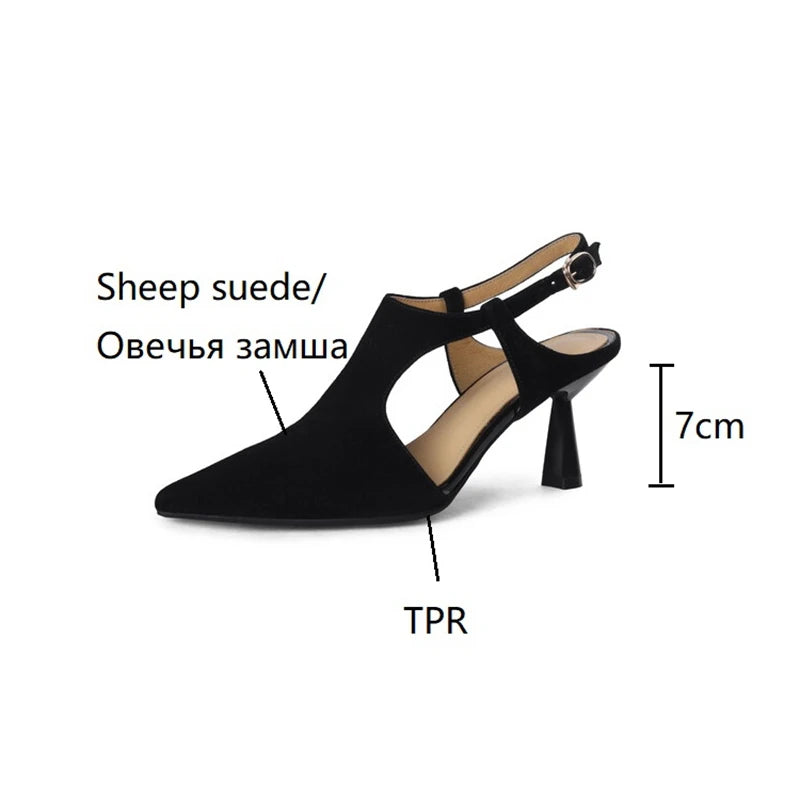 Futurecen Summer Women Shoes Pointed Toe Thin Heel Sandals Solid High Heels Elegant Sheep Suede Leather Shoes for Women Party Shoes