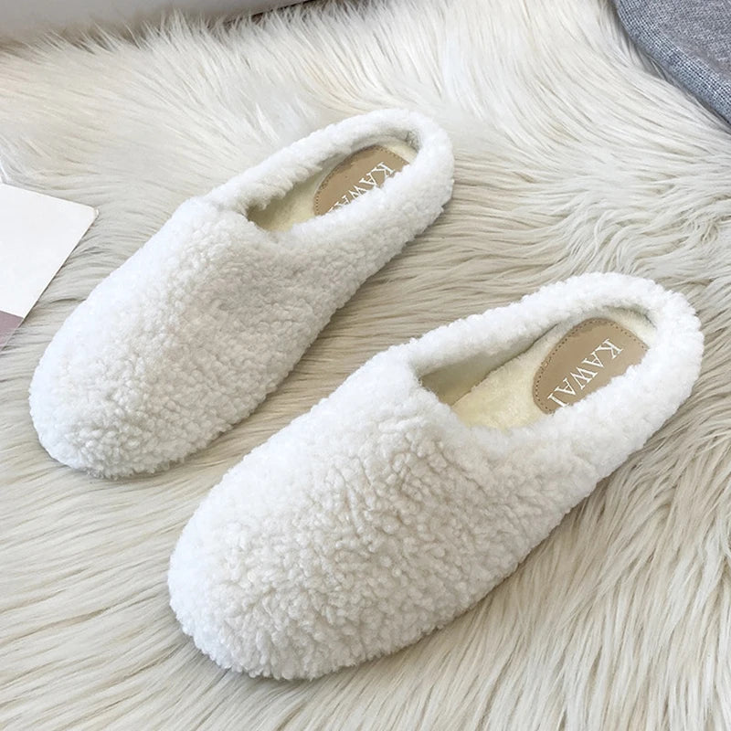 Futurecen  -  Plus Size 34-43 White Lambswool Loafers Woman Winter Cotton Shoes Warm Plush Mocasines Mujer Ladies Daily Sheep Fur Flats