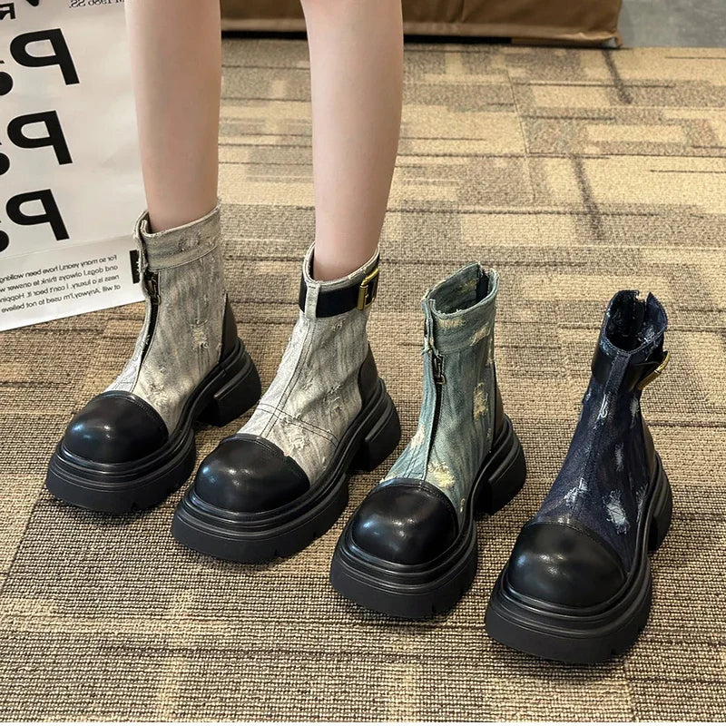 Futurecen Chunky Women Ankle Boots Fashion Platform Thick Heel Motorcycle Short Booties Retro Style Autumn Winter Female Shoes