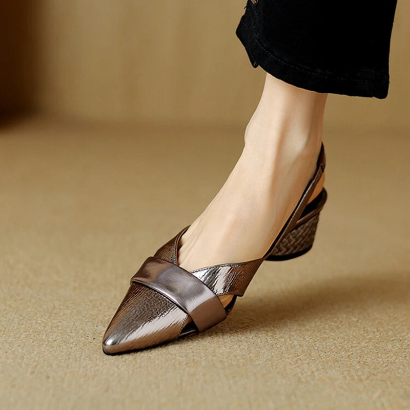 Futurecen  -  NEW Summer Women Sandals Genuine Leather Shoes for Women Cover Toe Slingback Shoes Narrow Band Pointed Toe Low Heel Women Shoes