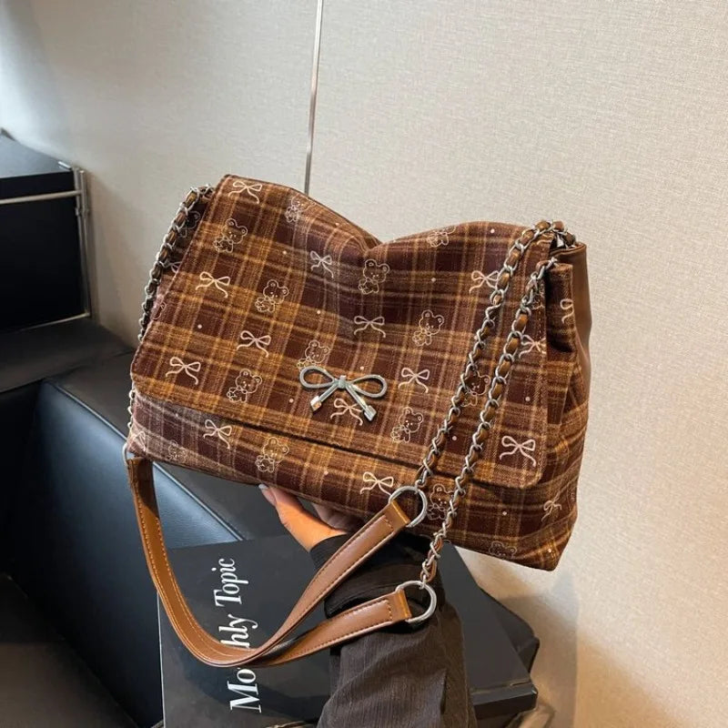 Futurecen  -  Vintage Shoulder Bags Women Fashion Luxury Plaid Bow Bolso Mujer Designer All Match Cartoon Bear Crossbody Bag Female