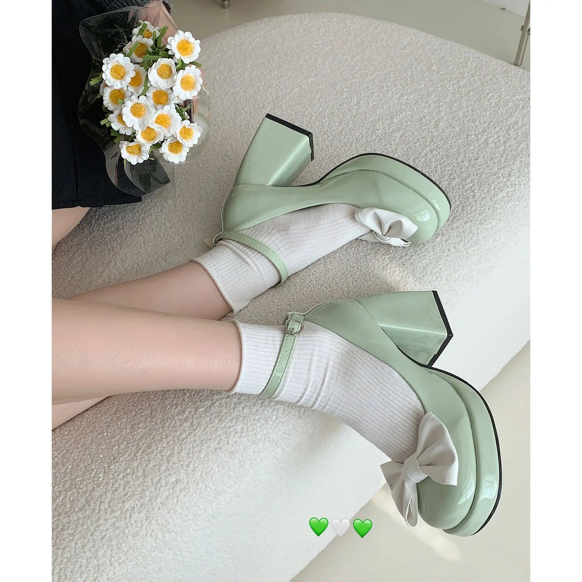 Thick heels, high heels, women's spring and autumn new French Marijane shoes with bow &nbsp;wedding shoes bride