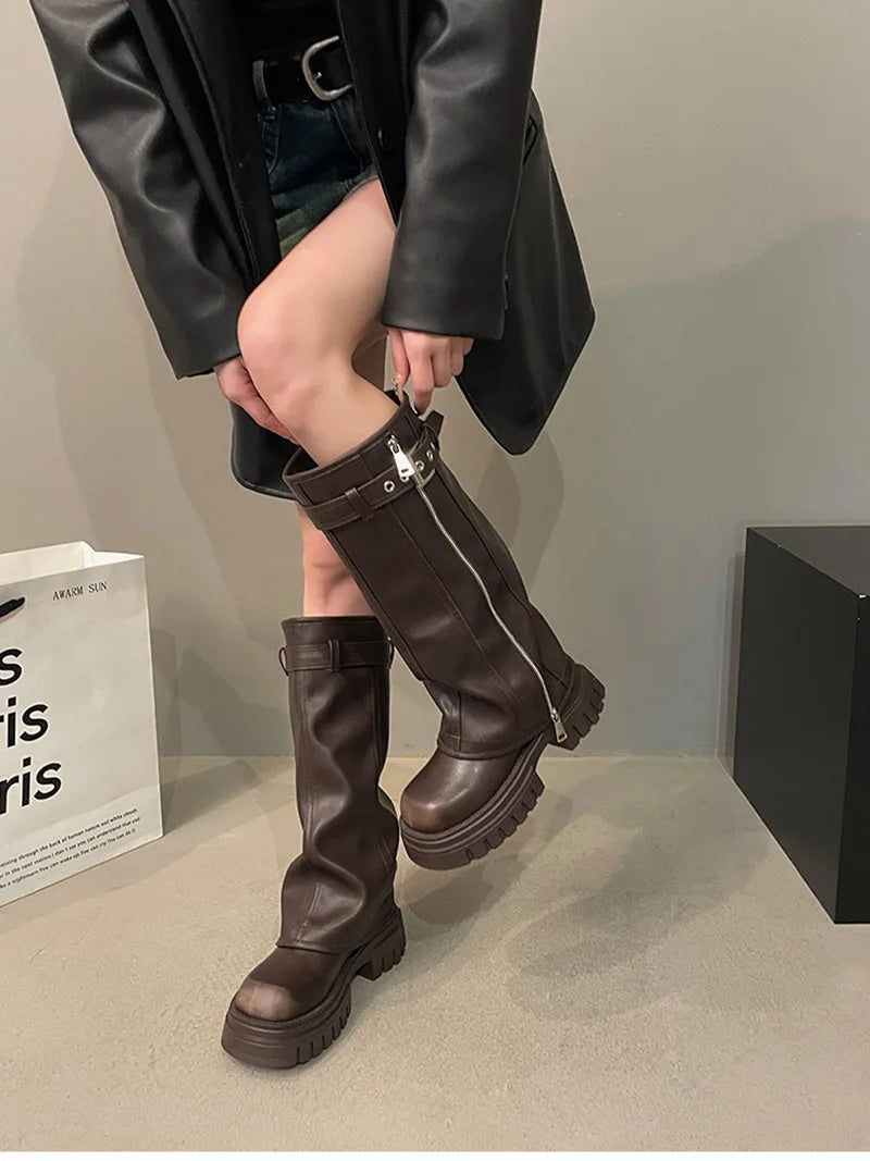 Futurecen Winter Women Biker Boots Fashion Belt Buckle Ladies Elegant Platform Long Pipe Booties Casual Women's Knee High Booties