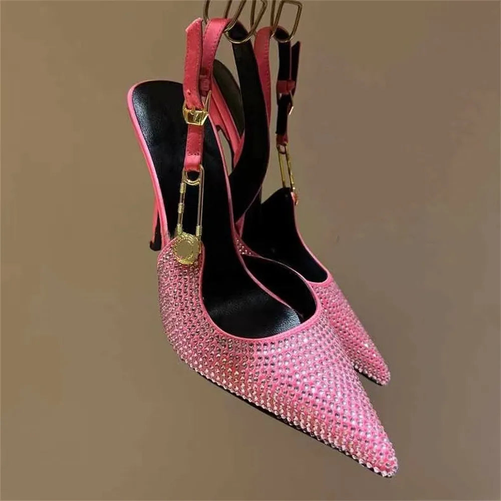 Fashion Women Patent Leather High Heels Shoes Sexy Pointed Toe Metal Buckle Stiletto Sandals Lady Pink Rhinestone Shallow Pumps