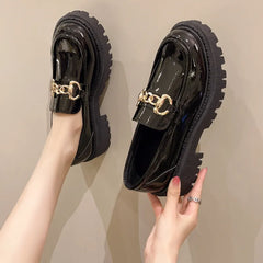 Female Shoes Women Fashion Mary Janes Round Toe Flats Loafers Oxfords Platform Casual Metal Chain Buckle Ladies Heels Black