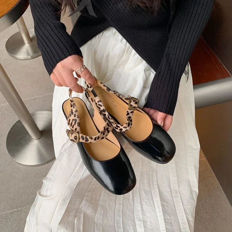 Futurecen  -   Spring Women Pumps Patent Leather Round Toe Splicing Leopard Print One-line Buckle Low-heel Women Shoes Mary Jane Shoes