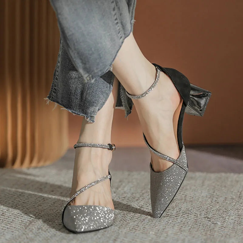 Women Shiny Crystal High Heels Pumps Shoes Summer Ankle Straps Thick Heeled Sandal Woman Pointed Toe Party Dress Shoes