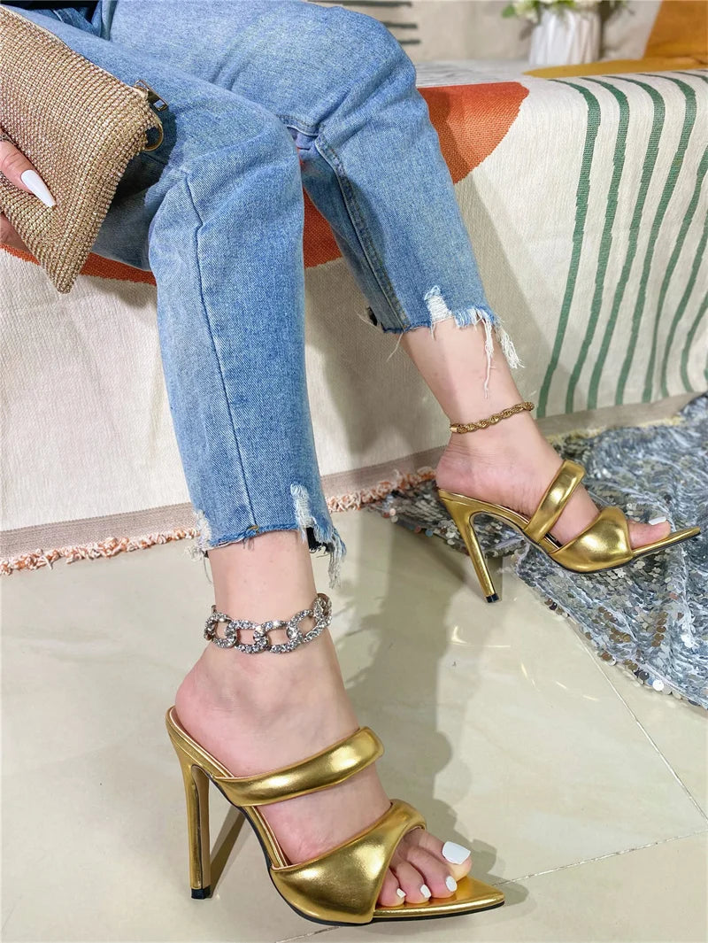 Futurecen  Sexy Pointed Toe Golded High Heels Women Slippers Cozy PU Leather Summer Party Banquet Shoes Ladies Sandalias