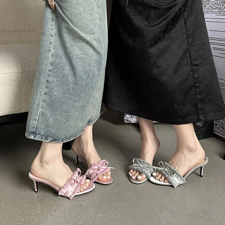 Futurecen Summer Silk Pleated Butterfly-knot Woman Slippers Fashion Thin Heels Party Stripper Ladies Mules Slides Zapatos Mujer