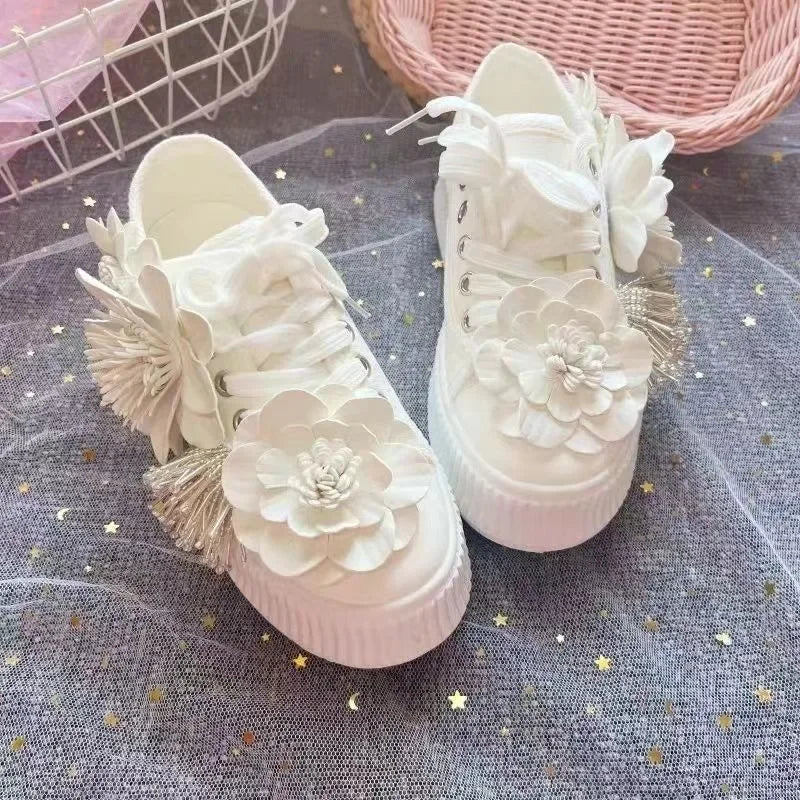 Futurecen  -  Spring Summer New College Style Lace Up Canvas Shoes Heavy Industry Water Diamond Flower Sweet Flat Shoes Women's Sneakers