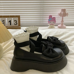 Color Bow Thick Platform Mary Janes Women Lovely Round Toe Non-Slip Flats Woman Ankle Strap Pu Leather Lolita Shoes Pumps