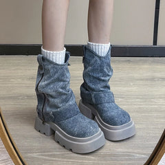 Futurecen Chunky Women Blue Denim Short Boots Fashion Slip On Ankle Booties Autumn Winter Female Platform Heel Shoes