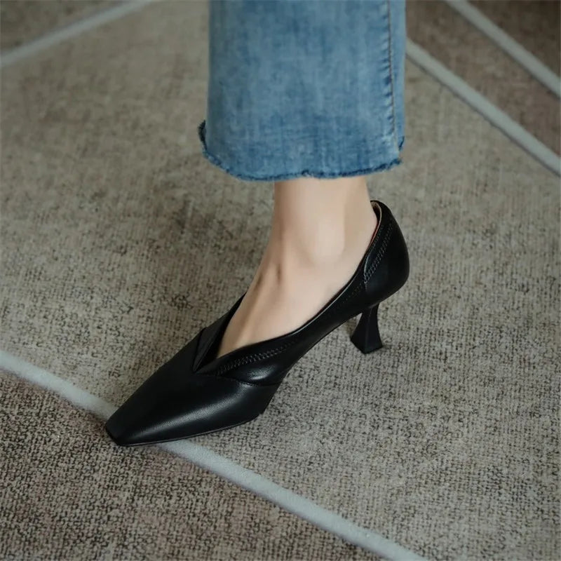 Futurecen  -  Spring Women Shoes Small Square Toe Thin Heel Women Pumps Retro Genuine Leather Shoes Women V-mouth High heels Handmade Shoes