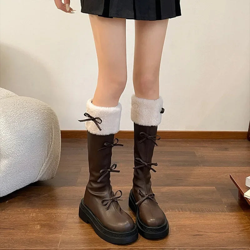 Futurecen Short Plush Women Knee High Boots Fashion Square Heel Ladies Elegant Back Zippers Long Knight Booties Winter Women's Footwear