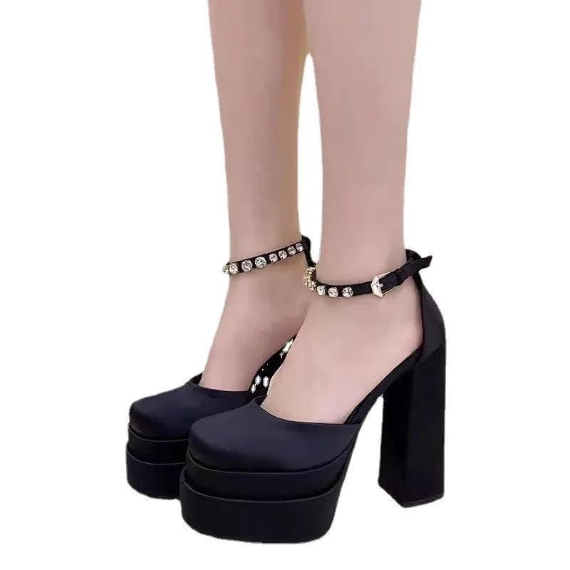 Futurecen Silk Square Heel Pumps  High Quality High Heel Ladies Shoes Round Toe Casual Buckle Strap Fashion Platform Solid Pumps