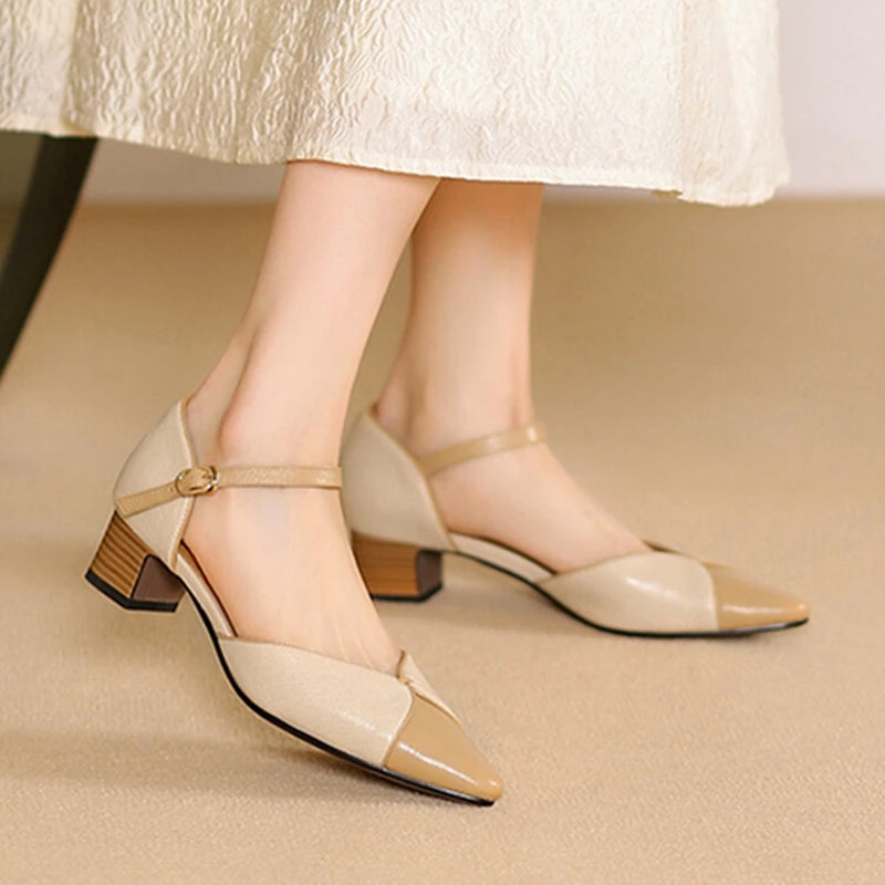 Futurecen  -  NEW Summer Women Sandals Genuine Leather Shoes for Women Cover Toe Chunky Shoes Pointed Toe Cover Heel Sandals Mixed Color Shoes