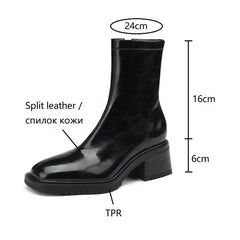 Futurecen  -  NEW Autumn Boots Women Split Leather Shoes for Women Square Toe Chunky Heel Shoes Casual Zipper Modern Boots Winter Black Boots