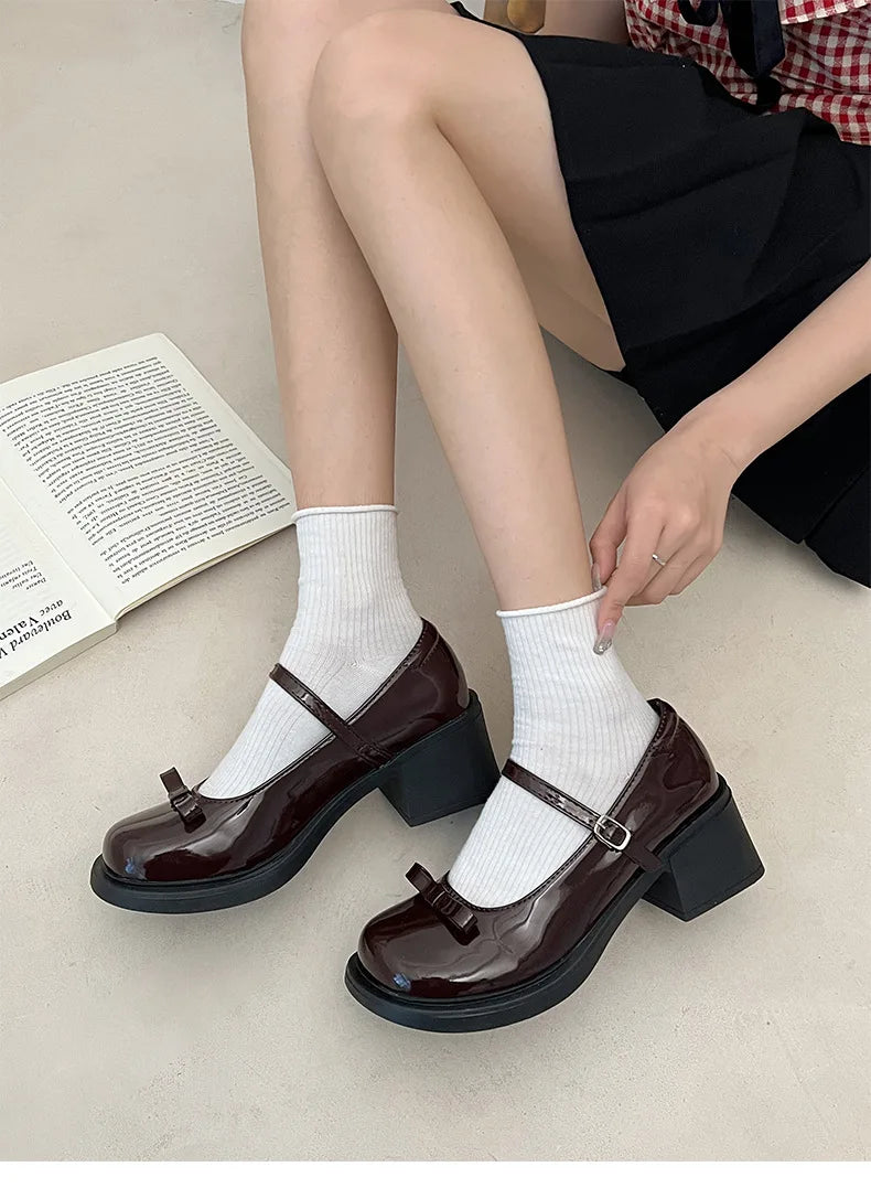 Futurecen Vintage High Heel Mary Jane Shoes for Women  New Summer Bow Brown Round Head English Style Small Leather Shoes