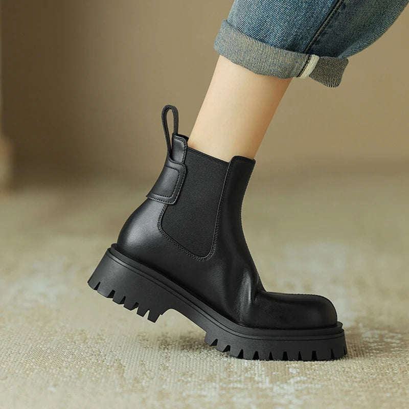 Futurecen NEW Autumn Women Boots Split Leather Shoes for Women Round Toe Chunky Heel Boots Winter Short Boots Platform Ankle Boots Women