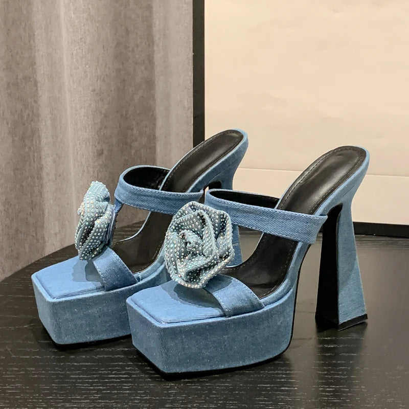 Futurecen 2024 New Denim CRYSTAL Flower Women Slippers Slides Summer Design Fashion Peep Toe Square Heels Gladiator Sandals Shoes