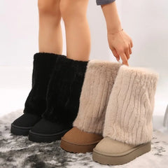 Futurecen  -  Women Casual Snow Boots Outdoors Slip on Shoes Women's Mid Length Spliced Overshoes Autumn Winter Plush Warm Mid Heel Shoes