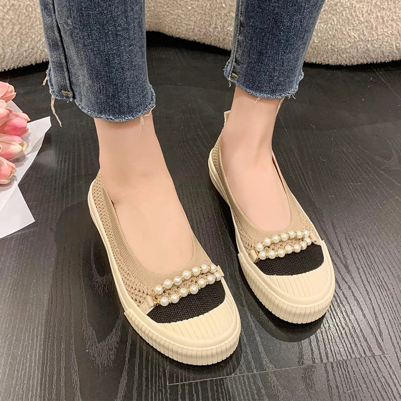 Futurecen  -  Summer Pearl Beading Flat Shoes Women Round Toe Air-mesh Loafers Platform Shoes Woman Stretch Fabric Shallow Female Casual Shoes