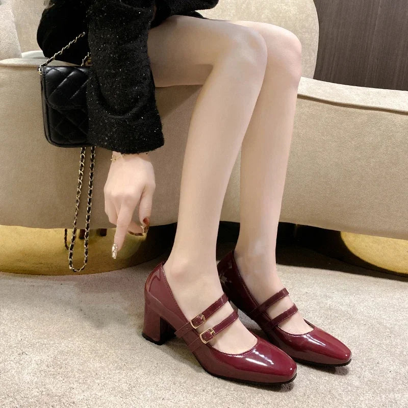 Futurecen 2024 Spring Autumn Women Double Buckle Mary Janes Shoes Patent Leather Dress Square Head Square Heel Solid Color Women's Shoes