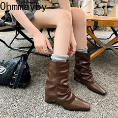 Futurecen Winter Woman Mid Calf Boot Fashion Slip On Square Heel Botas Ladies Street Style Trouser Short Booties