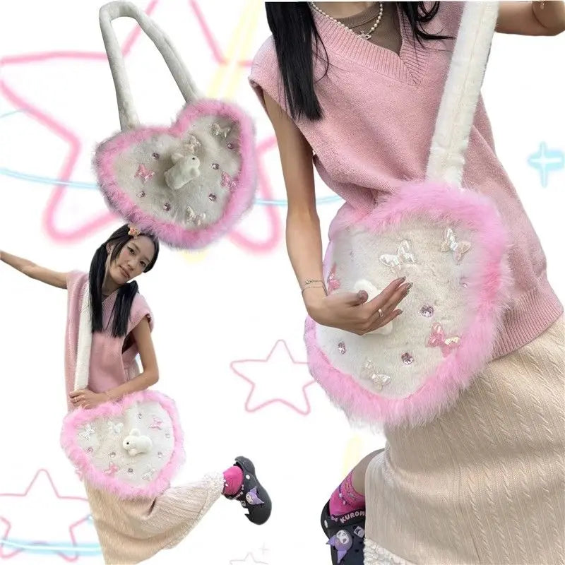 Futurecen  -  fancy bags Y2k Girls Heart Crossbody Bag Korean Fashion Cute Fluffy Shoulder Bag Designer Plush Rabbit School Bags Winter Kawaii Handbag