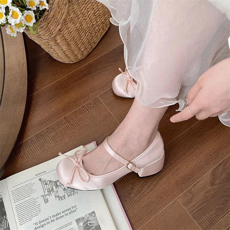 Futurecen New Spring Autumn Thick Heel Pink Shoes Elegant Bow Lolita Shoes College Girls High Heels Fashion Women Sandals