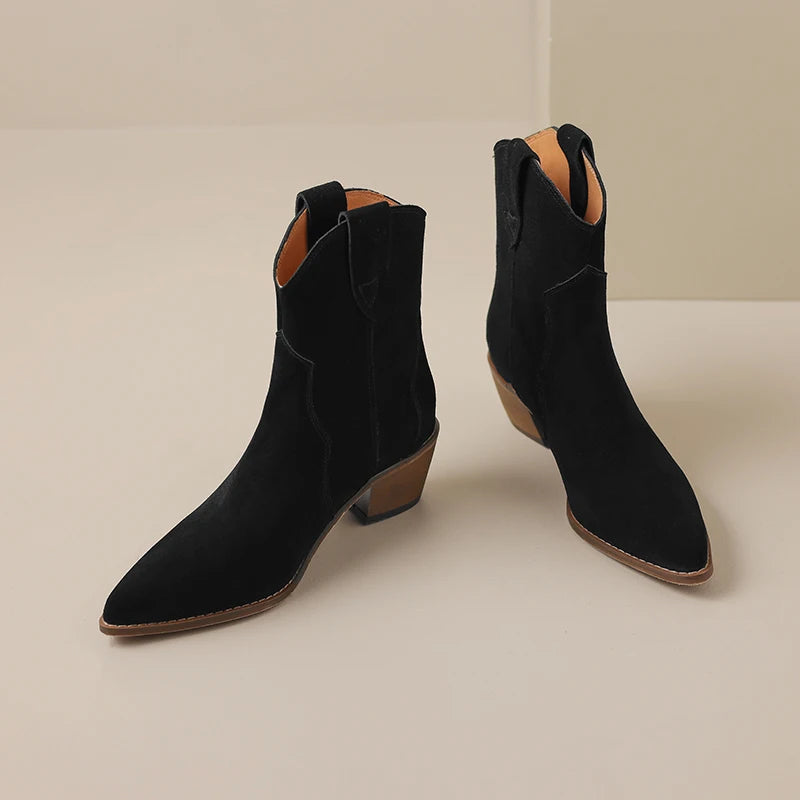 Winter Classic Chelsea Boots for Woman Cow Suede Pointy Toe Wedge Heel Ankle Boots Simple Comfortable Cowboy Boots Female