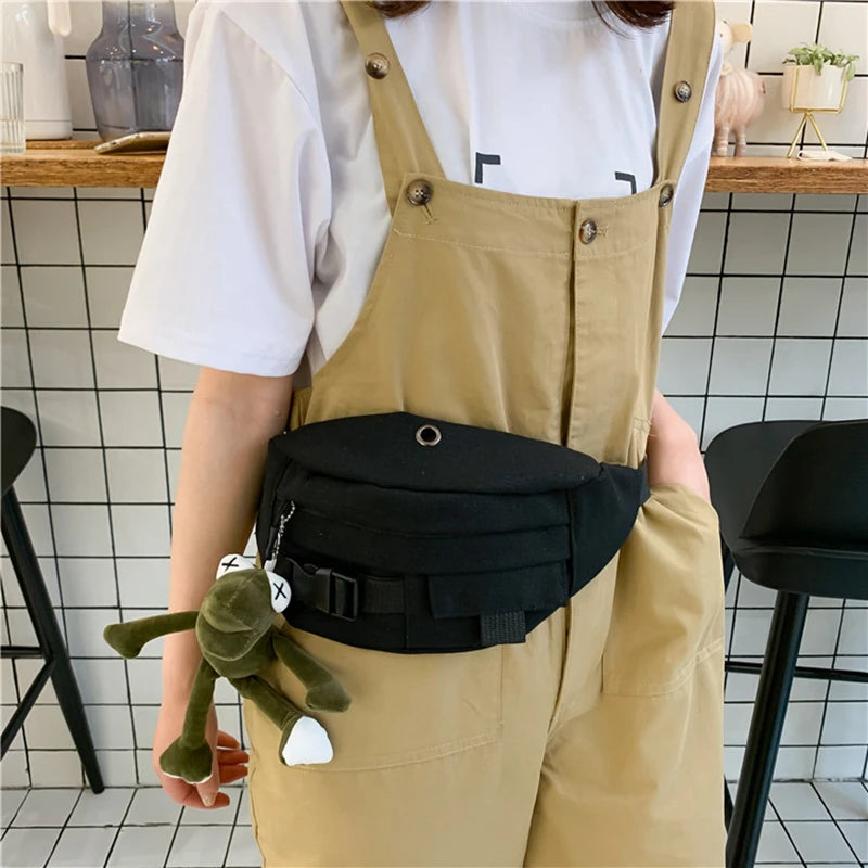 Futurecen  -  Waist Belt Bag Female Bag New Harajuku Style Slung Canvas Casual Running Sports Chest Bag White Fanny Pack Black Bum Bag