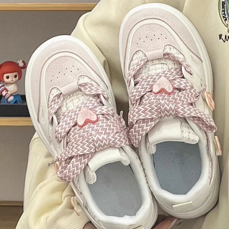 Futurecen Pink Platform Sneakers  Women's Sneakers Casual Retro Cute Vulcanized Shoes Tennis Women Flat Lace Up Flower Decoration