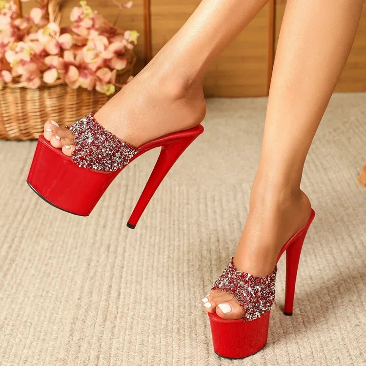 Futurecen Fashion Platform Bling Sequin Wedding Stripper Woman Slippers Sexy Peep Toe Fetish Thin High Heels Summer Shoes