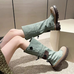 Futurecen  -  Women Mid-calf Heel Boots Women's Western Cowboy Cycling Boots Autumn Winter Non-slip Shoes Elastic Band Retro Denim Long Boots