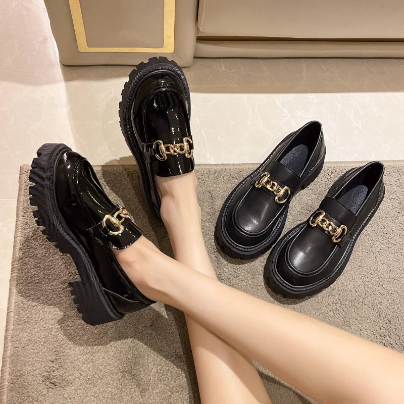 Female Shoes Women Fashion Mary Janes Round Toe Flats Loafers Oxfords Platform Casual Metal Chain Buckle Ladies Heels Black