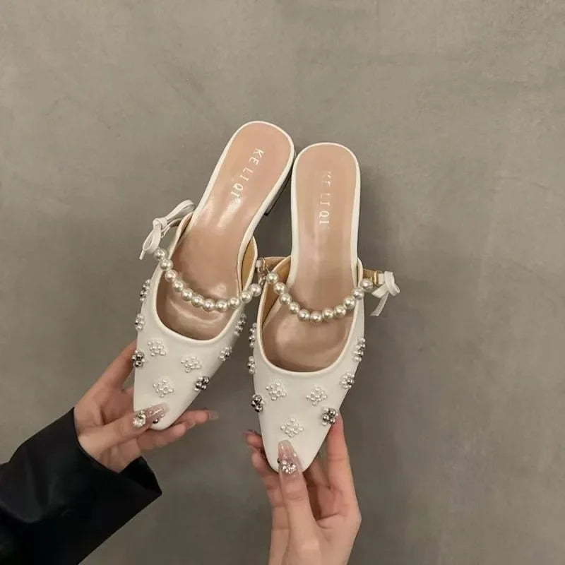 Futurecen  -  Sweet New Flat Muller Shoes Lazy Half Slippers Handmade Pearl Flower Decorative Women's Shoes