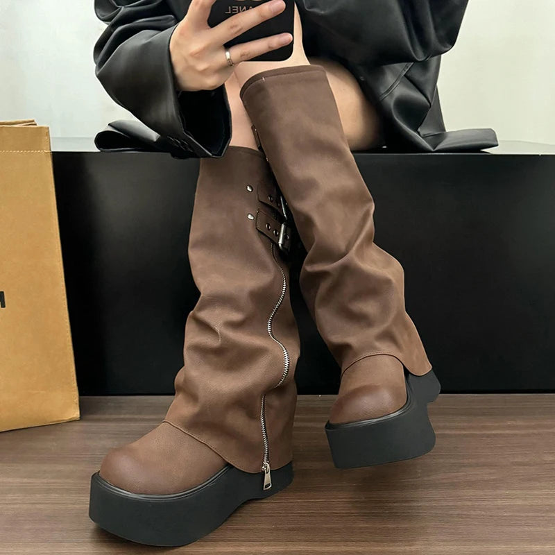 Futurecen Chunky Women Knight High Boots Fashion Platform Flats Trouser Long Booties Autumn Winter Female Western Cowboy Shoes