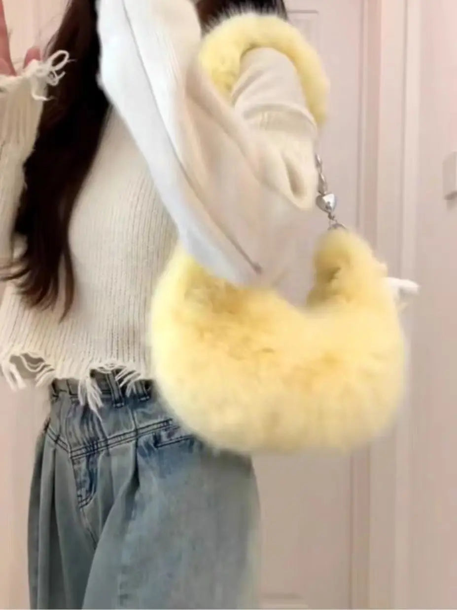 Futurecen  -  fancy bags Fluffy Y2k Girls Star Shoulder Bag Korean Fashion Kawaii Half Moon Handbag Designer Women Cute Plush Underarm Purse Winter New