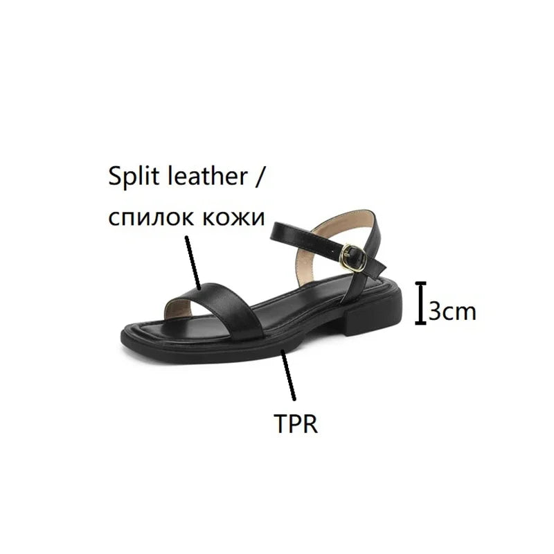 Futurecen  -  Summer Women Sandals Split Leather Shoes for Women Open Toe Chunky Heel Women Shoes Retro Concise Low Heel Sandals Band Shoes