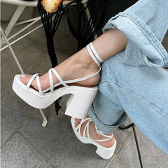 Futurecen  Summer Chunky Heels Cross Straps Sandals for Women Sexy Platform Open-Toe High Heels Korean Roman Shoes