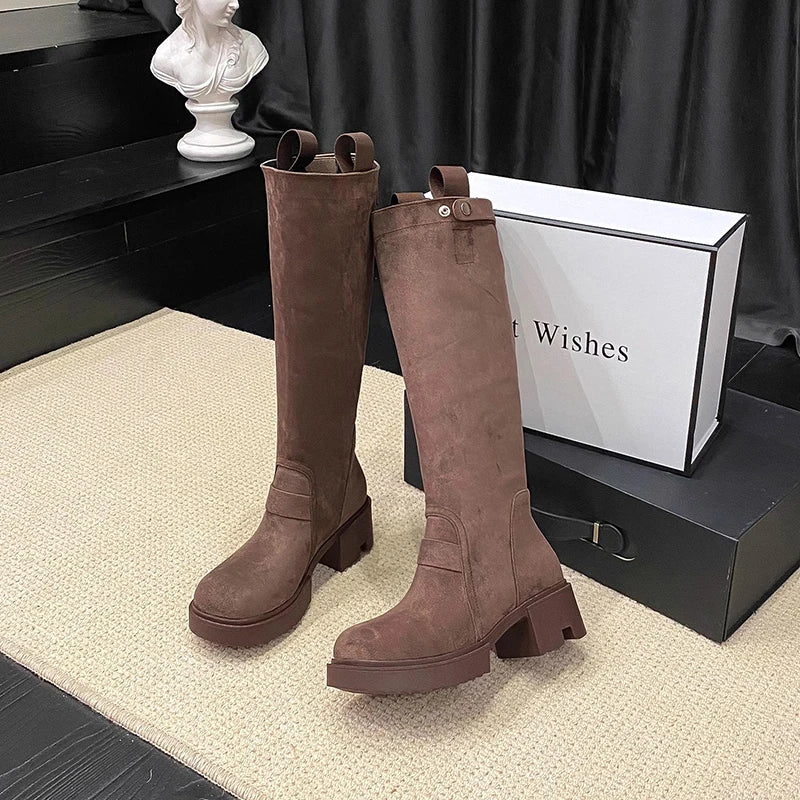 Futurecen Platform Thick Heel Women Western Cowboy Boots Fashion Slip On Knight Long Booties Female Shoes Autumn Winter