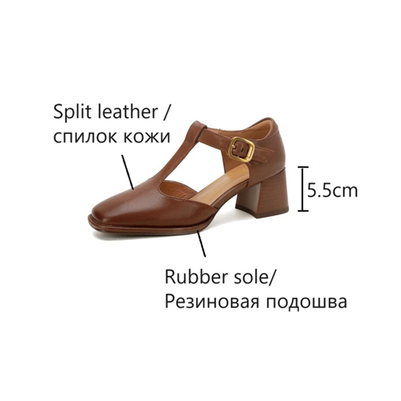 Futurecen  -  NEW Summer Women Sandals Split Leather Shoes for Women Square Toe Chunky Heel Shoes Retro Mid-heel Mary Janes Retro Black Shoes