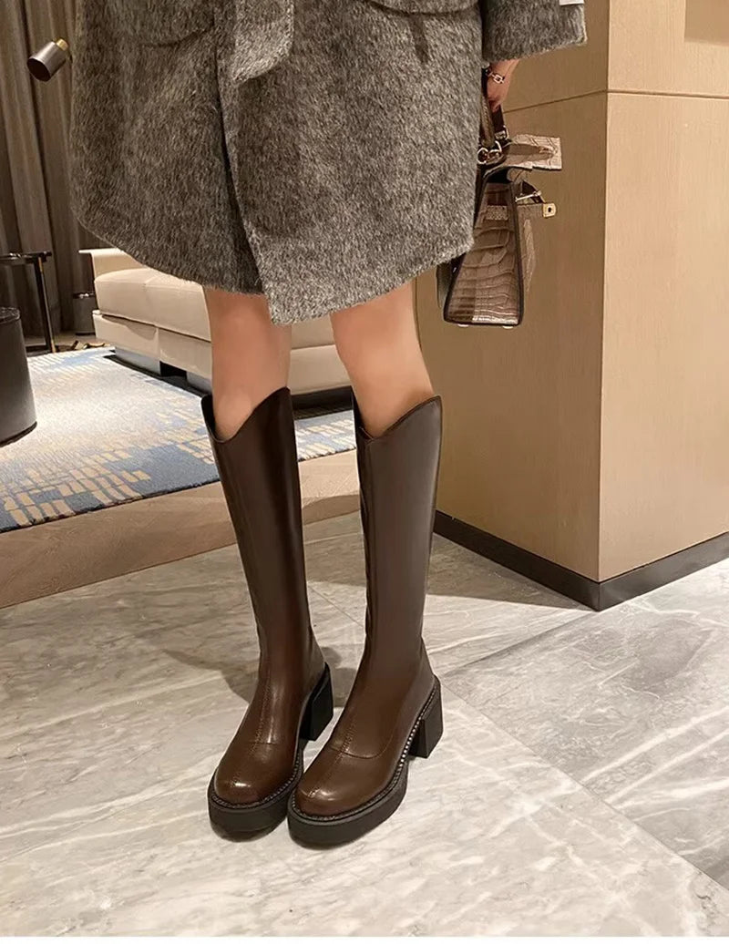 Futurecen Winter Women Knee High Boots Fashion Platform Ladies Elegant Square High Heel Long Knight Booties Winter Women's Footwear