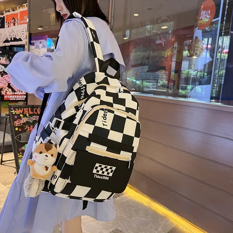 Futurecen Casual Backpack for Students Checkerboard Plaid Schoolbag for Female Junior High School Large-capacity Design Multi-pocket