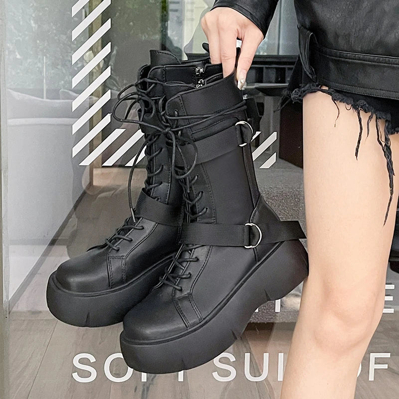 Futurecen  -  Motorcycle Boots Women English Style Versatile Fashion Lace-up Short Boots Round Head Thick Bottom Black Pu Material Adult Q122