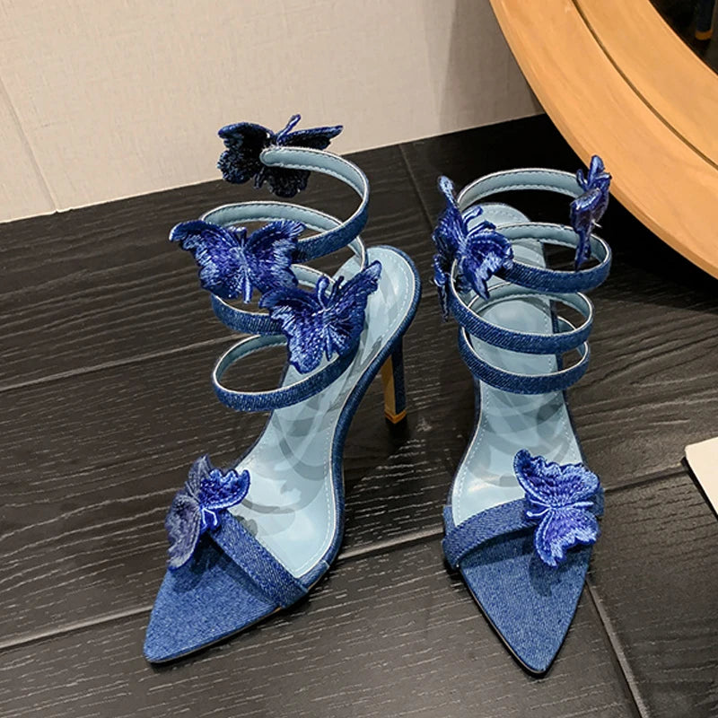 Futurecen  High Quality Embroidery Butterfly Ankle Strap Sandals Women Sexy Pointed Toe Gladiator Heels Summer Party Dress Shoes Blue