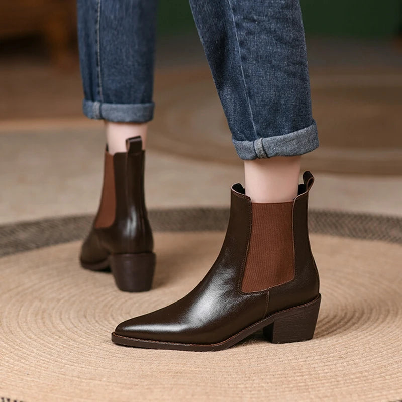 Futurecen  -  NEW Autumn Boots Women Genuine Leather Shoes for Women Pointed Toe Chunky Heel Shoes Retro Slip-on Short Boots Retro Ankle Boots